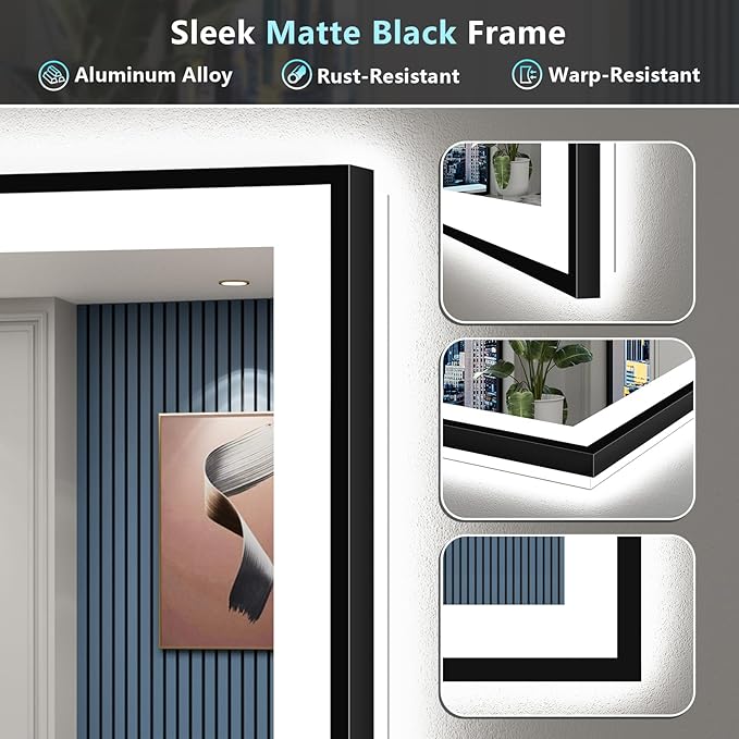 50x36 Inch Black Framed LED Bathroom Mirror with Lights, Backlit & Front Lit, Anti-Fog Lighted Vanity Mirrors for Bathroom Wall, Dimmable, 3-Color Light, Memory, Shatter-Proof, Tempered Glass