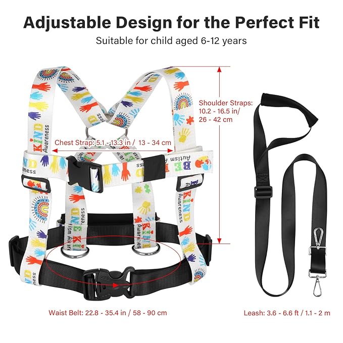 HOOMTREE Safety Walking Harness and Leash for Autism & Special Needs Kids Ages 6-12 with Easy-Adjust Tether + Emergency Grab Handle for Wandering Prevention & Calm Outdoor Adventures