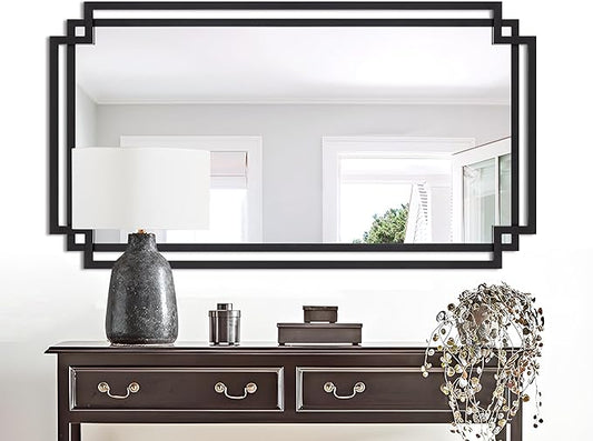 28" x 55" Living Room Mirror for Wall Decor, Large Decorative Mirror with Metal Frame, Modern Black Wall Decor for Bathroom, Entrance, Bedroom, Horizontal or Vertical