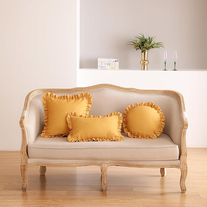 ISAENNE Classic Yellow Round Throw Pillow Cover Diameter 16", Solid Color Farmhouse Linen Cotton Decoration Pillow Cover with Ruffles, Sturdy Throw Pillow Case for Couch Sofa Bed Living Room