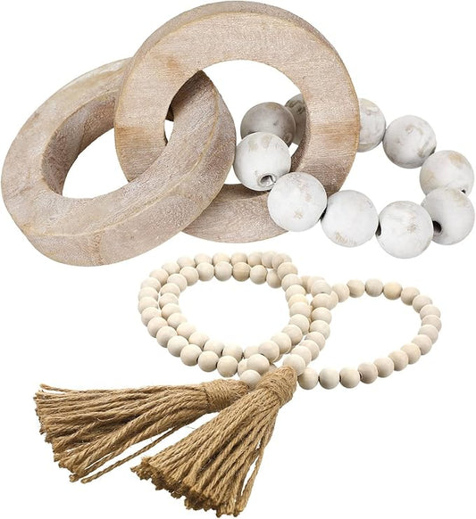 2 Pieces Decorative Wood Knot Link Chain Decor and Bead Garland Set Farmhouse Aesthetic Natural Wooden Knot Chain Link Wood Bead for Boho Country Home Table Decor(Classic Colors)