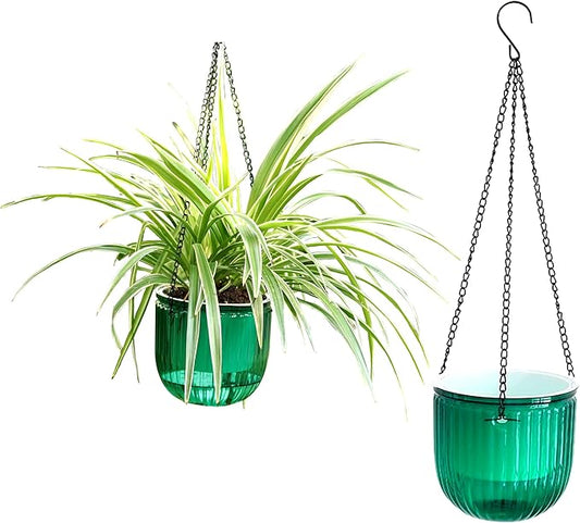 Meicynhoger 2-Pack Vintage Plastic Self-Watering Hanging Planters for Spider Plant,Ivy - 6.5" Clear Flower Pot with Hooks for Indoor Outdoor,Table, Balcony, Wall,Deck,Garden Green