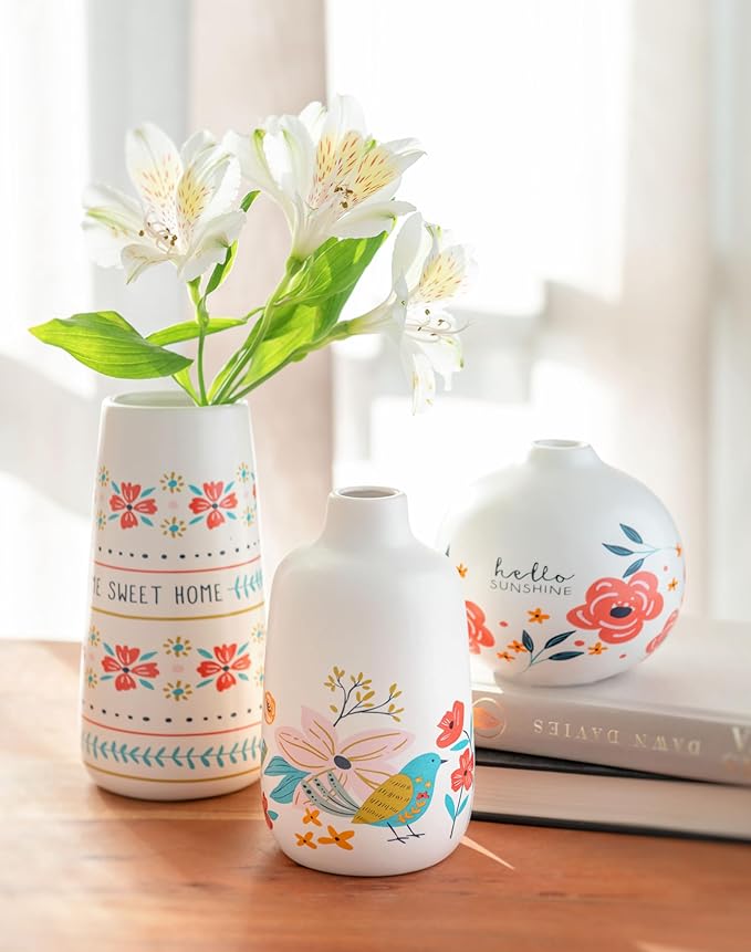 Karma, White Small Bud Ceramic Flower Vases for Rustic Home Decor, Mini Vases for Modern Farmhouse Decor, Living Room, Mantel and Entryway Decor, Love You
