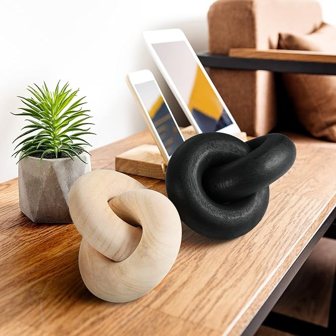 Wood Chain Decor, 2-Link Decorative Chain Hand Carved Boho Wood Knot Decor for Bookshelf Desk Living Room Coffee Table Farmhouse Decorative Ornament (Natural)