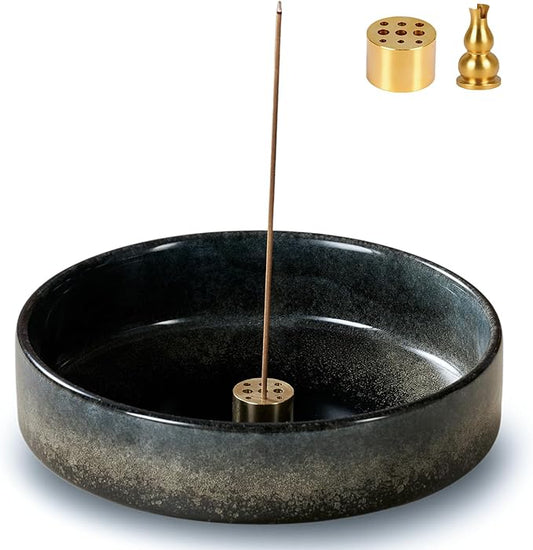 5.9" Ceramic Incense Holder with 10 Holes,5in1 Incense Tray for Sticks,Coil,Cone,Sage,Palo Santo,Handcrafted Burner Ash Catcher Smudge Bowl for Yoga Meditation Energy Cleansing Room Décor,Black
