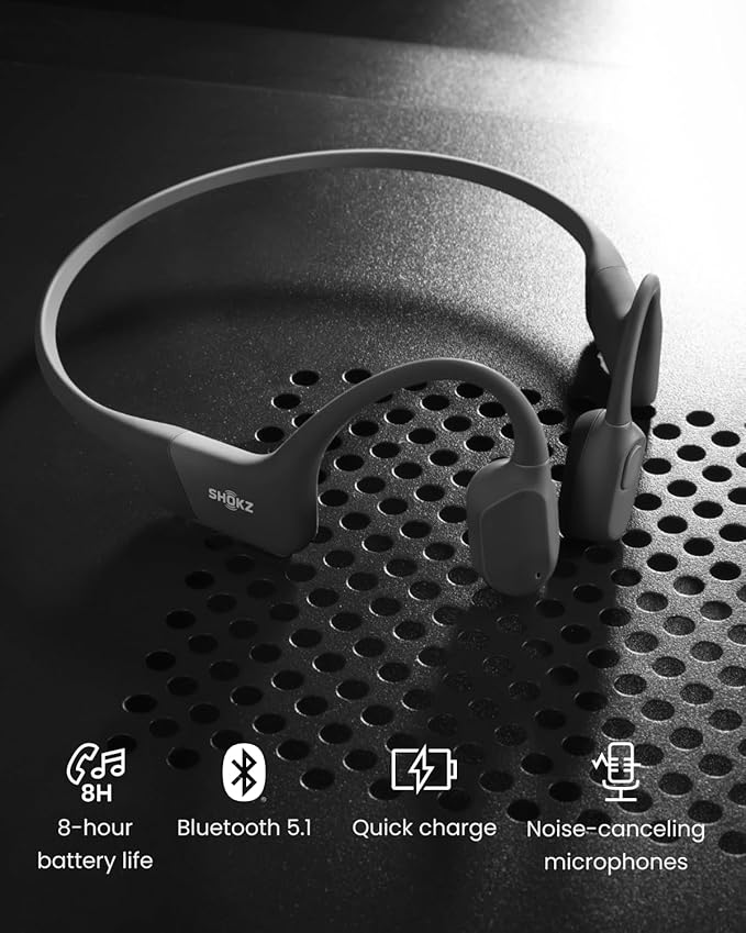 SHOKZ OpenRun Bone Conduction Headphones,Open-Ear Bluetooth Wireless Sport Headphones for Running & Workout,Sweat Resistant, Long 8H Playtime,Mic,Hair Band-Standard-Black