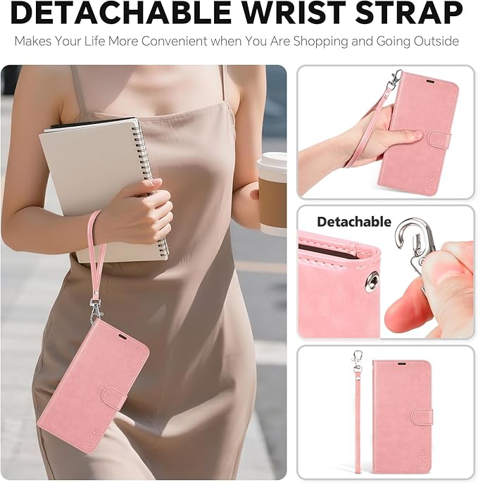 TUCCH 2-in-1 Detachable Wallet Case for iPhone 17 Pro Max (6.9-inch) 2025, RFID Blocking 4 Card Slots, Wireless Charging, Wrist Strap, Kickstand, Magnetic, PU Leather, Protective Flip Cover, Rose Gold