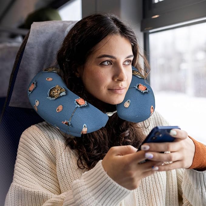 Travel Neck Pillow for Pain Relief Sleeping, Cute Cat Patterns Printed, Comfortable Memory Foam Chin Head Cushion Support with Zip Cover, Fashion Car Flight Pillows