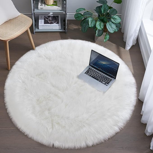 Tangsoo White Round Faux Fur Rugs, Sheepskin Round 3ft Soft Small Circle Rugs, 3x3 Fuzzy Plush Fur Rug, Shag Circular Rug Floor Carpet for Bedroom Kids Room, Nursery, Girls Room, Dorm