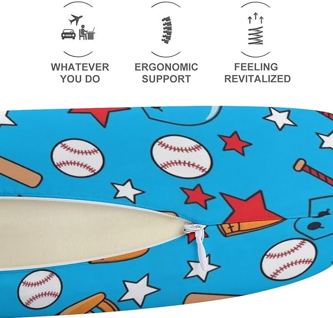 Stylish U Shaped Travel Neck Pillow Memory Foam Chin Support Baseball Sports, Breathable Washable Cover for Airplane Car Office Decor