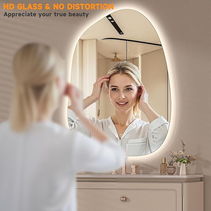 Hasipu Irregular Wall Mirror with Lights- 27"x20"Smart Vanity Mirror with Anti-Fog, 3 Color Modes,Dimmable Light, Memory Function, Backlit Wall Mount, Horizontal/Vertical