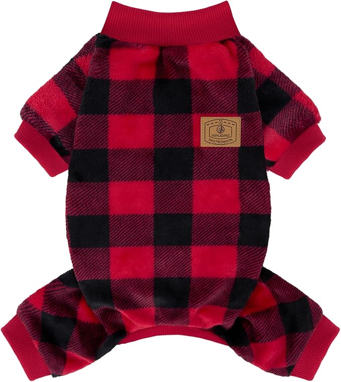 XPUDAC Dog Christmas Sweater Plaid Dog Pajamas for Small Medium Dogs Girl Boy Fleece Puppy Clothes Outfit for Winter, L