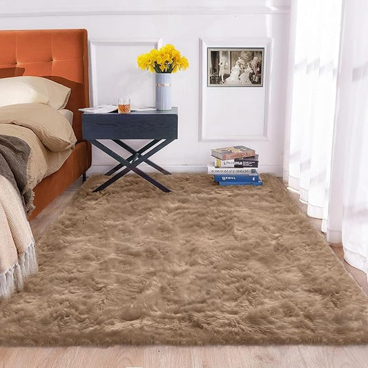 Beige 5x7 Area Rug Washable Shaggy Faux Sheepskin Fluffy Fur Rug for Bedroom Living Room Nursery Rug Teen Room Home Décor