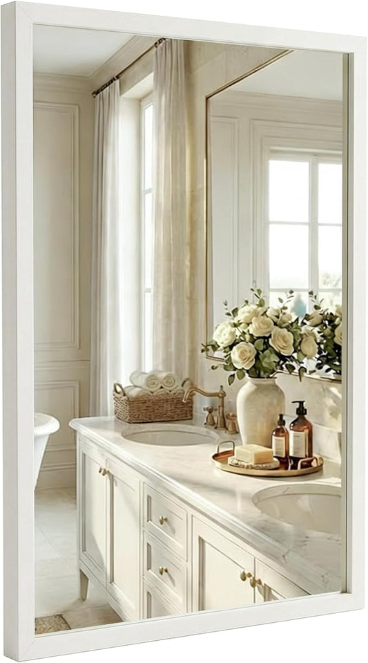 24" x 36" Cream White Wall Mirror for Decor, Modern Minimalist Bedroom Mirror, Soft Textured Waterproof Vanity Mirror for Powder Room & Nursery, Standard Trim