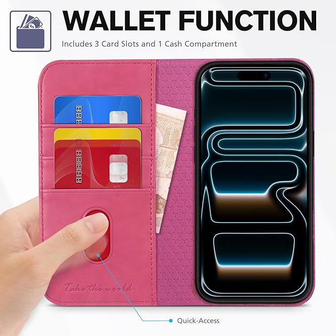 TUCCH Case Wallet for iPhone 17 Pro (6.3-Inch) 2025, [3 Card Slots] Kickstand [RFID Blocking] PU Leather Case, Flip Folio Cover with [TPU Shockproof Interior Shell], Hot Pink