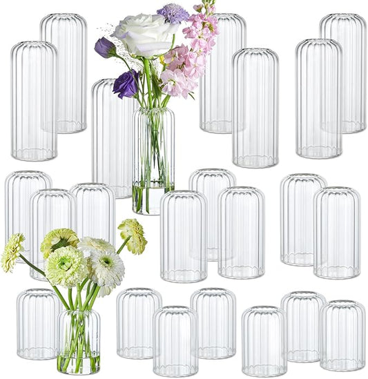 24Pcs Glass Cylinder Vases, Clear Ribbed Bud Vases for Centerpieces Weeding Decoration, Tall Clear Flower Vases in Bulk for Table Shelf, Party(Ribbed)
