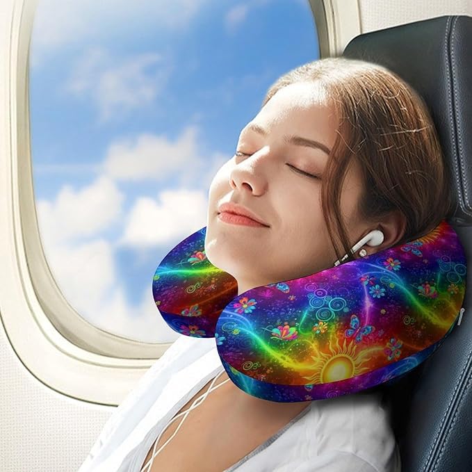 Breathable Memory Foam Travel Pillow U Shaped Chin Head Support Acid Color Trippy Colorful Sun Butterfly Florals, Removable Washable Cover for Airplane Car Office Pain Relief