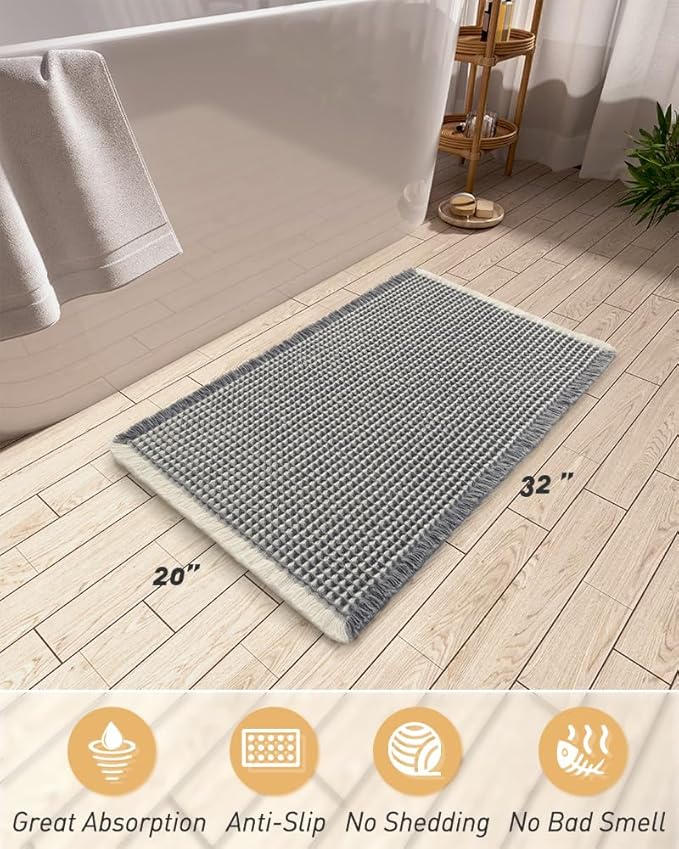 Upgraded Waffle Bath Mat, Super Absorbent Non Slip Bath Mats for Bathroom Floor, Machine Washable Bathroom Rugs with Tassels, Rubber Backed Bathroom Mats, Ultra Soft, 20" x 32",DarkGrey & Cream