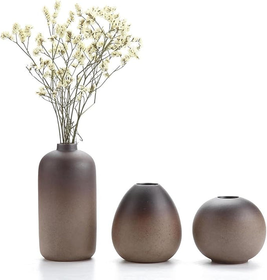 ComSaf Small Ceramic Flower Bud Vases Set of 3, Modern Style Simple Design Metallic Gradually Varied Brown Color Elegant Home Office Living Room Table Desk Decoration for Wedding Home Visit