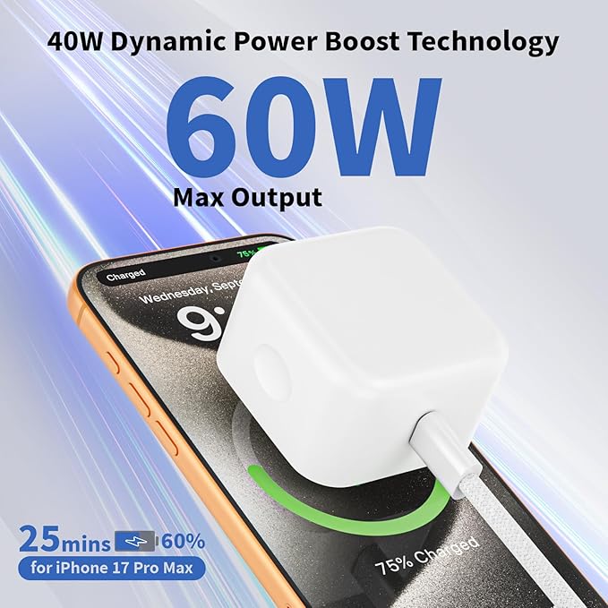 USB C Charger Block, 40W Dynamic Wall Charger with 60W Max, 2Pack Foldable Fast Type C Plug with 10FT Long USB C Charging Cable for iPhone 17 Pro Max/17 Pro/17/16/16 Pro Max/15 Pro Max/15,iPad Pro/Air
