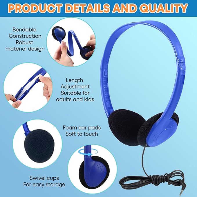 Kids Headphones Bulk 25 Pack for School Classroom Students, Wholesale Wired Headphones Durable Class Set Earphones for Children Toddler Teens Boys Girls and Adult (HY857,25 Blue)
