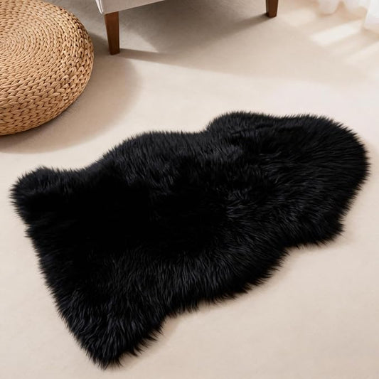 Black Samll Faux Fur Sheepskin Area Rug for Living Room Bedroom, 2 x 3 Feet Ultra Soft Shaggy Fuzzy Furry Carpet Chair Throw Rugs for Kids, Girls, Nursery Room Decor Dorms