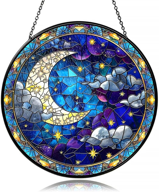 Moon Suncatcher Stained Glass Window Hanging Decor-Celestial Night Sky Design for Indoor Windows, Bedroom or Living Room, Unique Gift for Women, Housewarming, New Home and Spiritual Space Decoration
