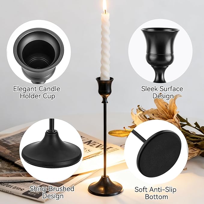 Taper Candle Holders, Tall Vintage Metal Candlestick Holders, 3 PCS Black Candle Sticks Holders for Home Decor Table Centerpiece Wedding Housewarming Festival, Black, 1 Set (3 pcs)