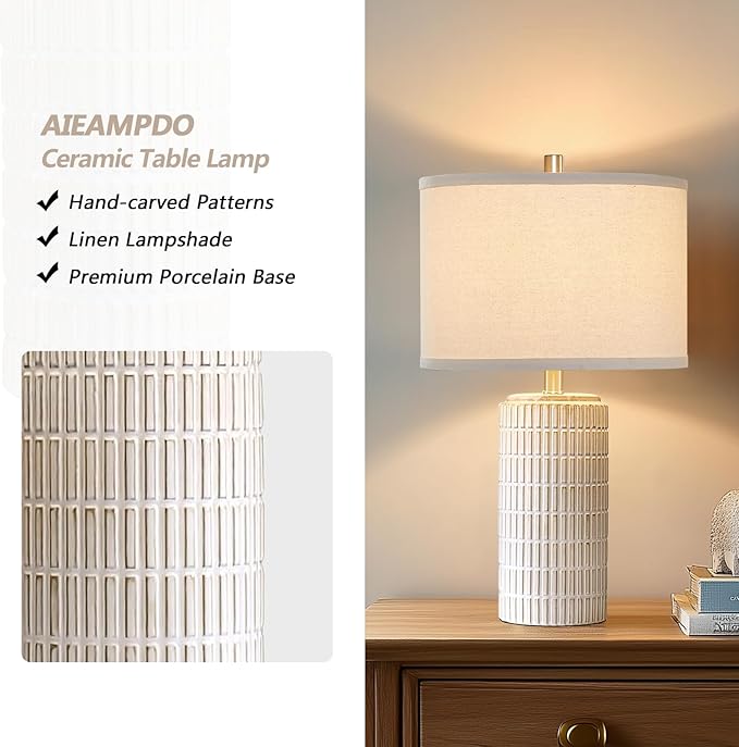 23'' Set of 2 Modern Ceramic Table Lamps for Living Room Bedroom, Nightstand Farmhouse Beige White Desk Lamp for Bedside End Table Entryway, 2 LED Bulbs Included