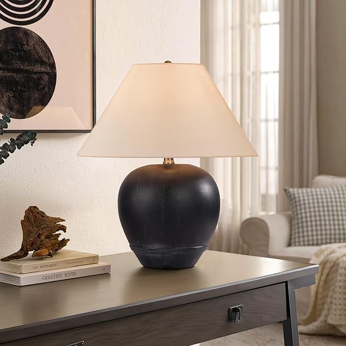 Pia Ricco 21'' Medium Size Black Glossy Ceramic Base Ceramic Basin Table Lamp for Bedroom, Living Room, Dining Room, Office, White Shade,Black Base