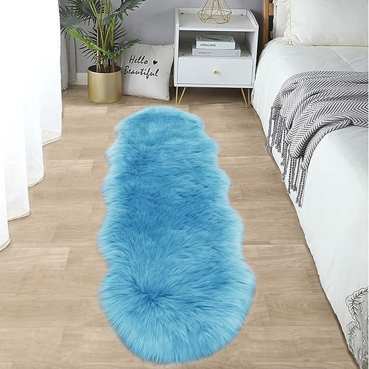 SERISSA Ultra Soft Fluffy Rug Sky Blue Faux Sheepskin Fur Rug Shaggy Couch Cover Furry Carpet for Kids Room Bedroom Living Room Runner, 2x6 Feet (Sheepskin Shape,Sky Blue)