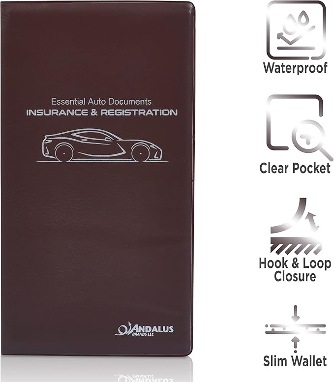 Andalus Auto Registration & Insurance Card Holder Pack of 2, Waterproof Essential Car Registration Holder with Hook & Velcro Closure, Perfect for Every Vehicles Glove Boxes (Brown - 9.5" x 5.15")