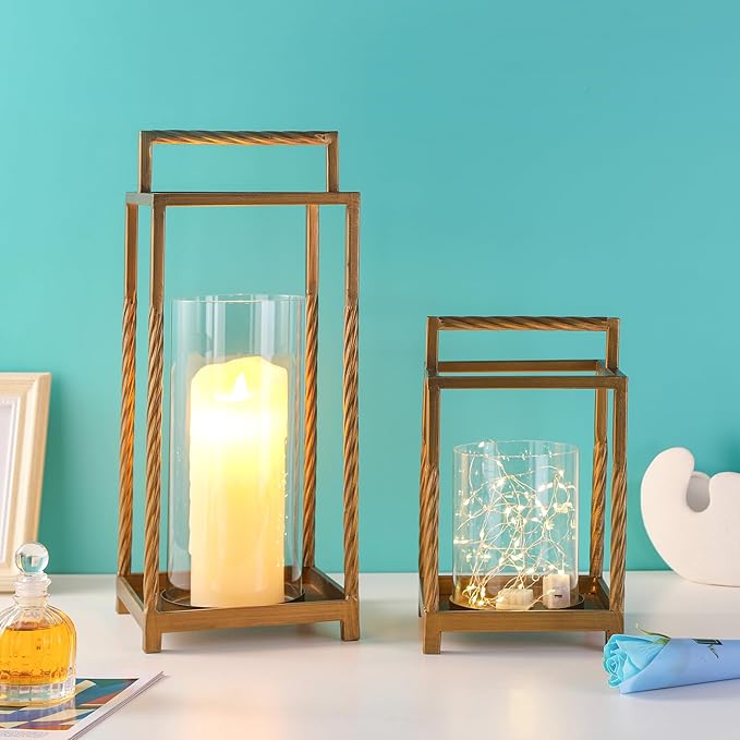 Modern Metal Lantern with Contrast Frame with Glass Cylinder (Brass, 6"x10")
