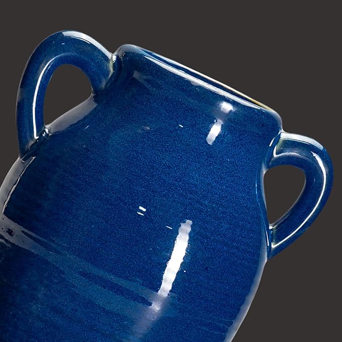 Sunddo Blue Ceramic Vase for Pampas Grass, 8 Inch Modern Decorative Vase with 2 Handles, Blue Centerpiece for Living Room Dining Entryway Living Table Farmhouse Office Decor