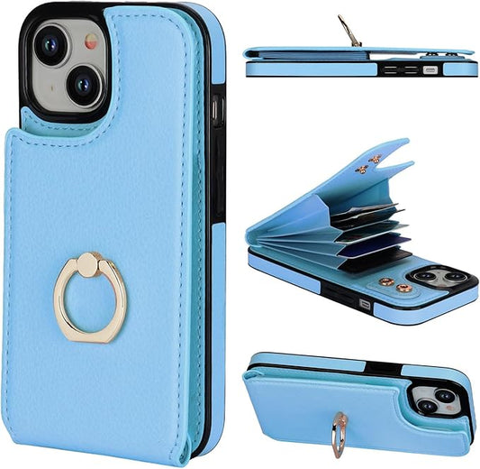 Folosu Compatible with iPhone 15 Case Wallet with Card Holder, 360°Rotation Finger Ring Holder Kickstand, RFID Blocking Leather Protective Double Buttons Shockproof Cover 6.1 Inch Blue