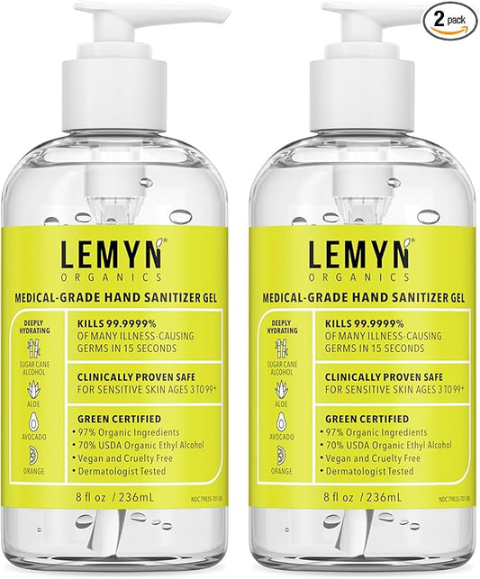 Medical‑Grade Hand Sanitizer Gel – 97 % Organic | 70 % USP Ethyl Alcohol | Moisturizing Aloe + Hyaluronic Acid | Freshly Made in USA | 8oz Bottle with Pump (PACK OF 2)