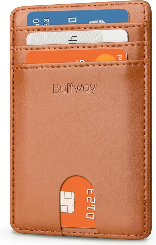 Buffway Mens Slim Wallet, Minimalist Thin Front Pocket Leather Credit Card Holder with RFID Blocking for Work Travel | Minimalist, Thin, Front Pocket, Credit Card Holder, RFID Blocking, for Work Travel