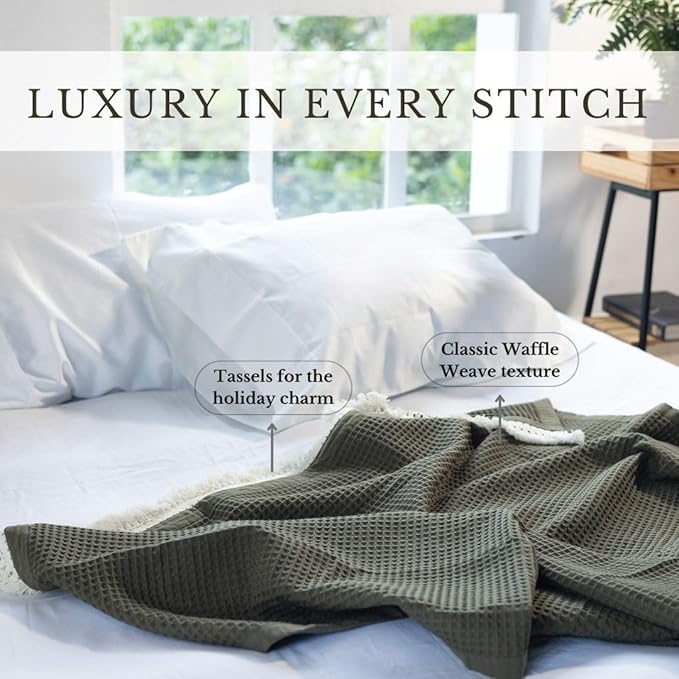 Salt Earth GOTS Certified 100% Organic Cotton Throw Blanket, 55"x60" Waffle Blankets & Throws for Bed, Throw Blanket for Couch, Cozy Christmas Blankets and Throws for Christmas Gifts (Ivy Green)