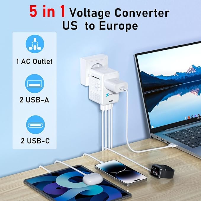 220V to 110V Voltage Converter US to Europe for Hair Dryer with Fast Charging 2 USB 2 USB C, Power Converter Adapter Combo International Travel Adapter A C G I (White)