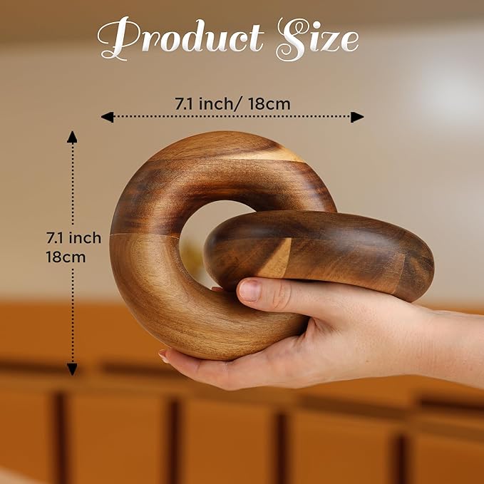 2 Link Wood Chain Link Decor Wood Knot Decor for Coffee Table, Living Room, Bookshelf - Hand Carved Farmhouse Decorative Fusion Knots - Boho Acacia Knot Sculpture for Scandirustic Home Accents