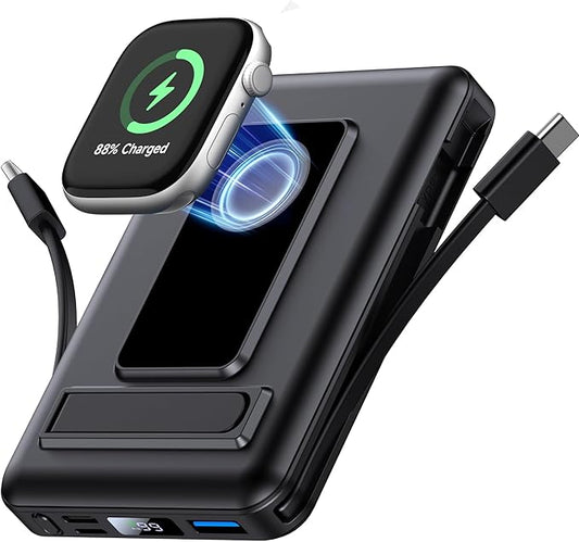 Magnetic Portable Charger, 10000mAh Wireless Power Bank for iPhone with Built-in Cables, 20W Fast Charging for Magsafe Battery Pack with Stand for iPhone Air/17/16/15/14/13/12 and Apple Watch