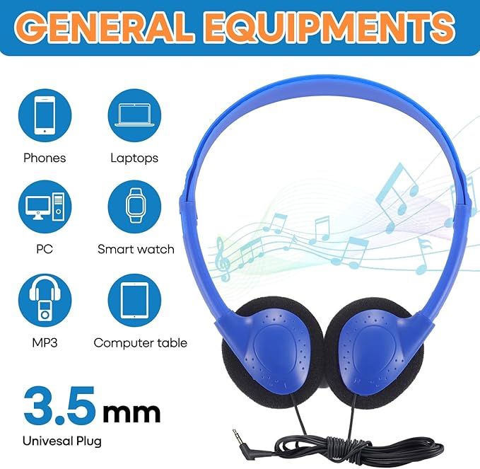 Bulk Earbud Headphones 50 Pack for School Classroom Kids, Wholeslae Wired Durable Earphones Class Set for Students Children Toddler Teens Boys Girls and Adult (HY857,50 Blue)