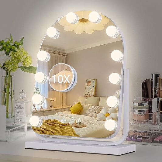 Makeup Mirror with Lights-3 Modes,Smart Touch Control,Detachable 10X Magnification,15.7"×11.8" Hollywood Vanity,360° Rotation （White）