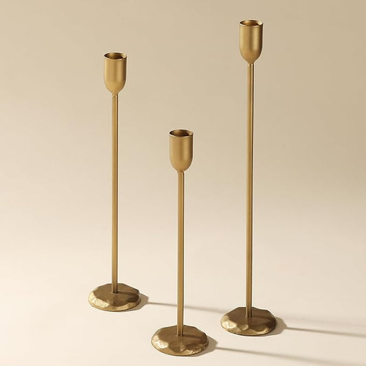 Perfnique Brass Candlestick Holders Set of 3 - Antique Gold Iron Candle Holders for Christmas, Birthday, Wedding, Party, Dining Table, Fireplace Mantel Decor