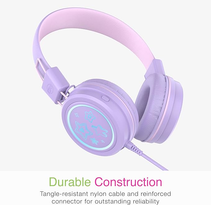MEE Audio KidJamz KJ55 Safe Listening USB-C Headphones for Children with Multicolor LED Lights, Volume Limiter, & Mic; On-Ear Wired Headset for iPhone 16, iPad, & USB Type C Devices (Lavender)