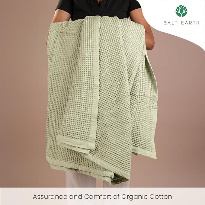 Salt Earth GOTS Certified 100% Organic Cotton Throw Blanket, 108"x90" Waffle Blankets & Throws for Bed, Throw Blanket for Couch, Cozy Christmas Blankets and Throws for Christmas Gifts (Sea Foam)