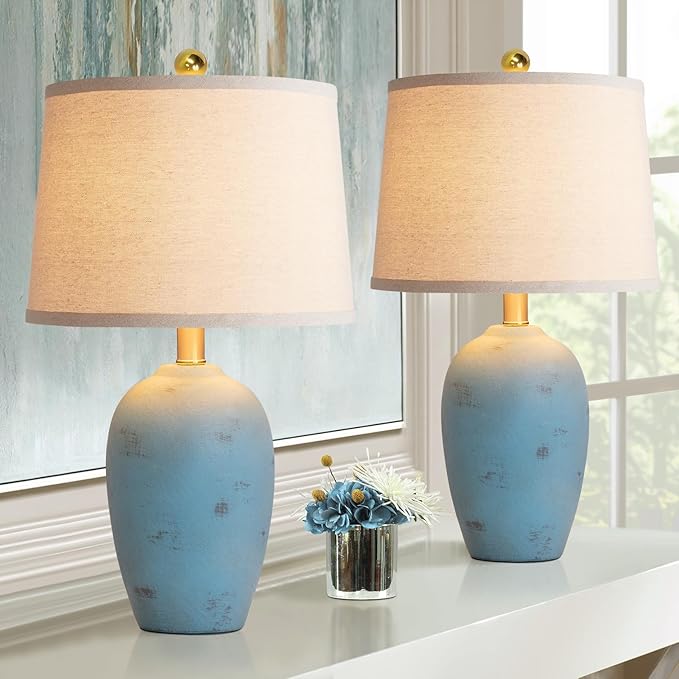 21'' Set of 2 Farmhouse Ceramic Lamps for Bedroom, Traditional Nightstand Bedside Desk Table Lamp for Living Room Office Dorm, 2 Bulbs Included
