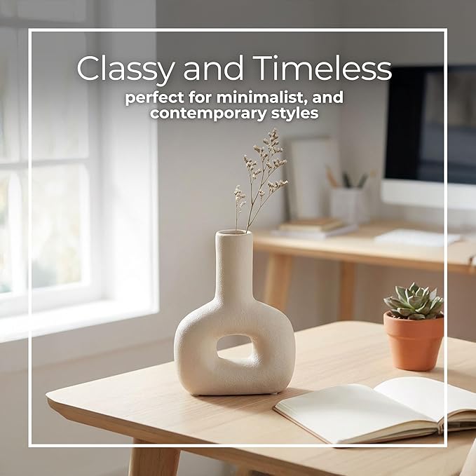 Decorative Flower Vase for Home Decor – Ceramic Modern Flower Vase With Open Cut Design, Stylish Table Centerpiece for Living Room or Entry Display, Modern for Faux Flowers and Greenery – 8", Ivory