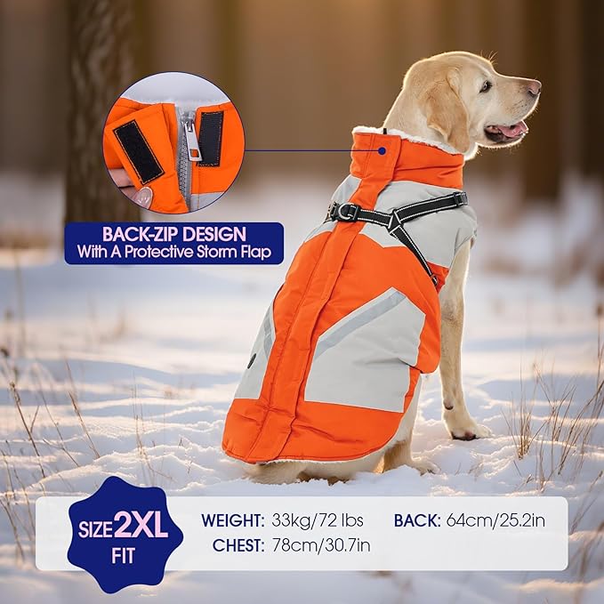 FUAMEY Dog Winter Jackets for Small Dogs,Dog Coat with Harness Built in,Waterproof Dogs Snowsuits Warm Pet Jacket Zip Up Fleece Cold Weather Coats Reflective Safety Pets Hunting Vest Orange XS