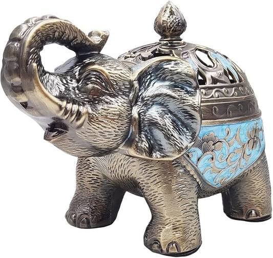 Hourwof Metal Elephant Incense Holder,Vintage Cone Coil Incense Burner with Lid,Ash Catcher,Aromatherapy Ornament Home Office Decor (Light Blue)